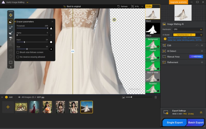 A screenshot of a photo editing software with a focus on masking and background removal tools. The interface displays various adjustment sliders and options, with a partially edited image of a bride in a white gown on the canvas.