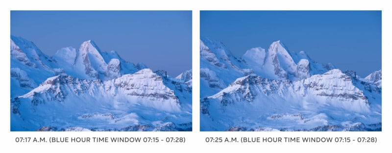 Two images of snow-covered mountain peaks under a blue sky. The left image is timestamped 7:17 A.M., and the right one 7:25 A.M. Both are labeled as part of the "Blue Hour" from 7:15 to 7:28 A.M.