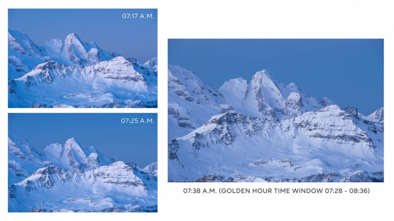 Three images of snowy mountain peaks at different times: 7:17 a.m., 7:25 a.m., and 7:38 a.m. The lighting changes subtly with each shot, showcasing various shades of blue and white against a clear sky. Text indicates "Golden Hour Time Window 07:28 - 08:36.