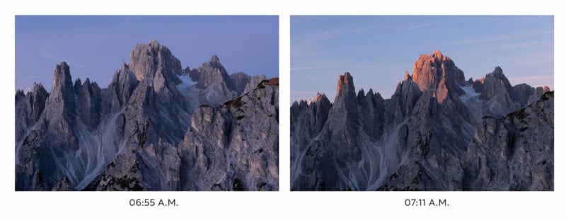 Two side-by-side images of sharp, jagged mountain peaks. The left image shows the peaks at 6:55 a.m. in a bluish light, while the right image at 7:11 a.m. shows them bathed in a warm, orange glow from the sun.