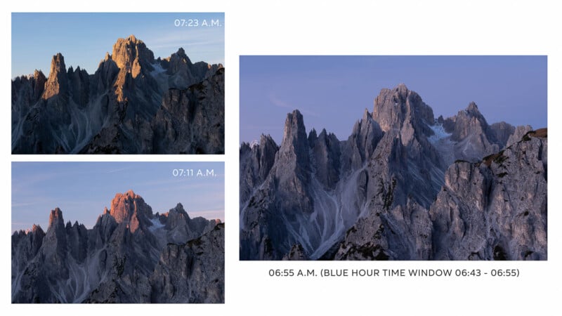 A triptych of mountain peaks in soft lighting showcases the changing light from early morning. The left images are labeled 07:23 A.M. and 07:11 A.M., and the right image at 06:55 A.M. highlights the Blue Hour window from 06:43 to 06:55 A.M.