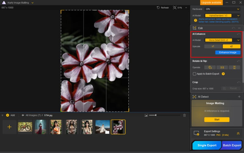 A computer screen displays a photo editing software interface featuring white and red flowers. The left side shows the image with grid lines, while the right side offers enhancement options and photo details.