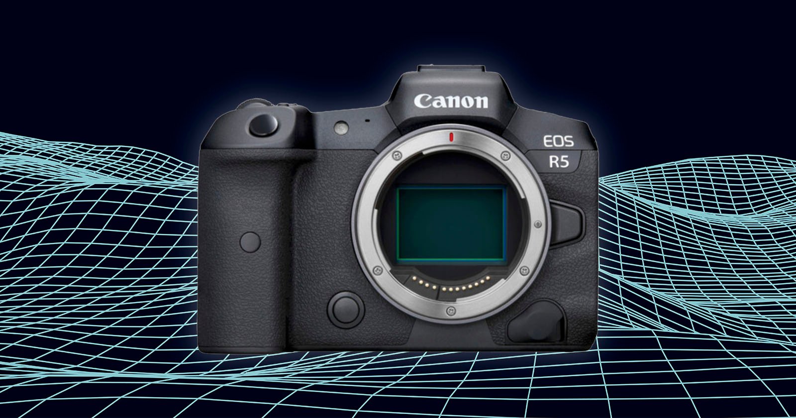 A Canon EOS R5 camera body displayed against a stylized, blue digital grid background. The camera lens mount is visible without a lens attached.