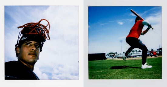 Left image: A baseball player wearing a catcher's mask looks into the distance against a cloudy sky. Right image: Another player wearing a red shirt and dark pants runs with a baseball bat on a sunny day at a sports field.