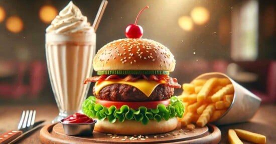 A cheeseburger topped with lettuce, tomato, bacon, pickles, and a cherry on a wooden board. Beside it is a cup of fries and a small dish of ketchup. A tall milkshake with whipped cream and a straw is in the background.