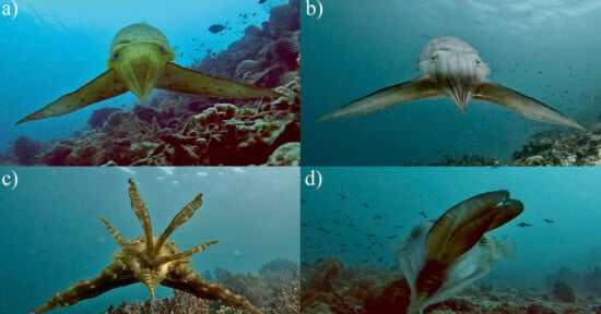 Four underwater images of a cuttlefish: (a) front view swimming, (b) closer frontal view, (c) top view with extended arms, (d) side view with bent body. Coral and small fish are visible in the background.