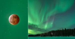 On the left, a blood moon with a teal sky backdrop. On the right, the northern lights dance over a snowy landscape with trees below, and the blood moon is visible in the night sky.