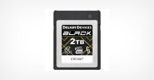 Image of a Delkin Devices Black CFexpress Type B card with 2TB capacity. The card has a silver and black design with gold accents, featuring the Delkin logo and model number C821667.