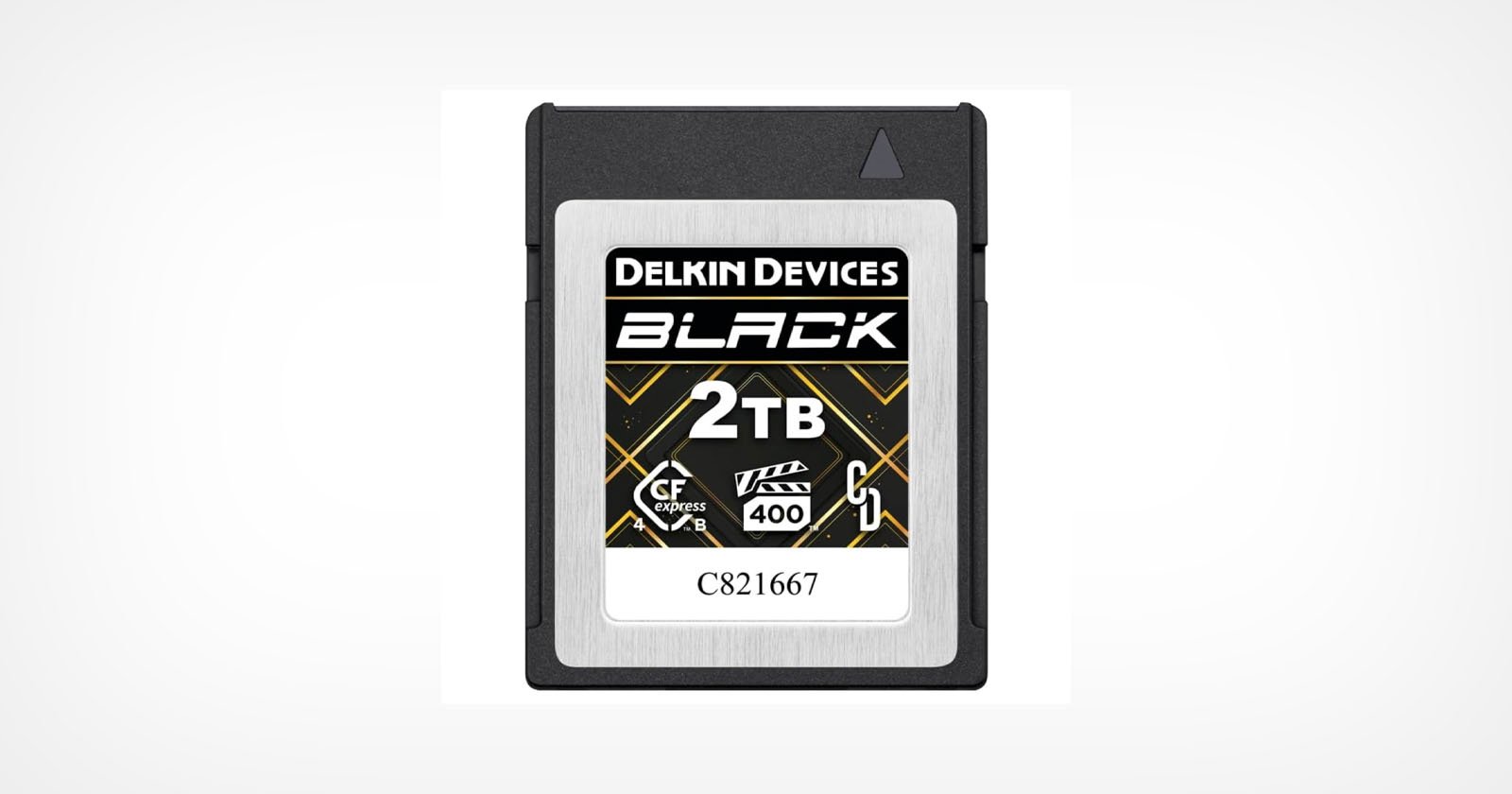 Image of a Delkin Devices Black CFexpress Type B card with 2TB capacity. The card has a silver and black design with gold accents, featuring the Delkin logo and model number C821667.