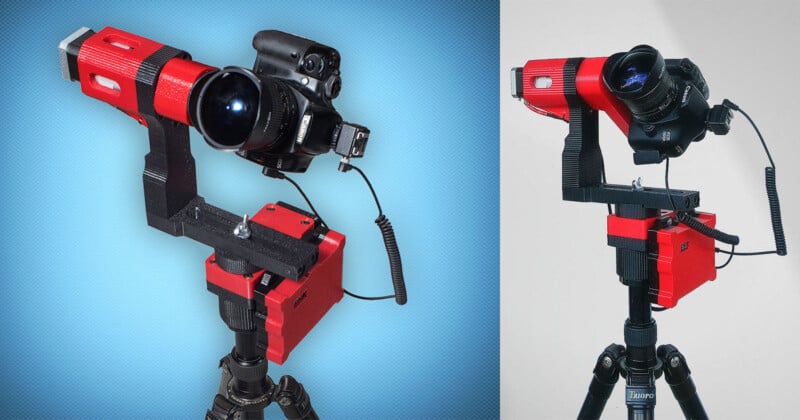 Two images show a 3D printed pan and tilt device for a camera, mounted on a tripod. The camera is secured in place, connected by a cable to a control box. The device is red and black, with a lens pointing forward.