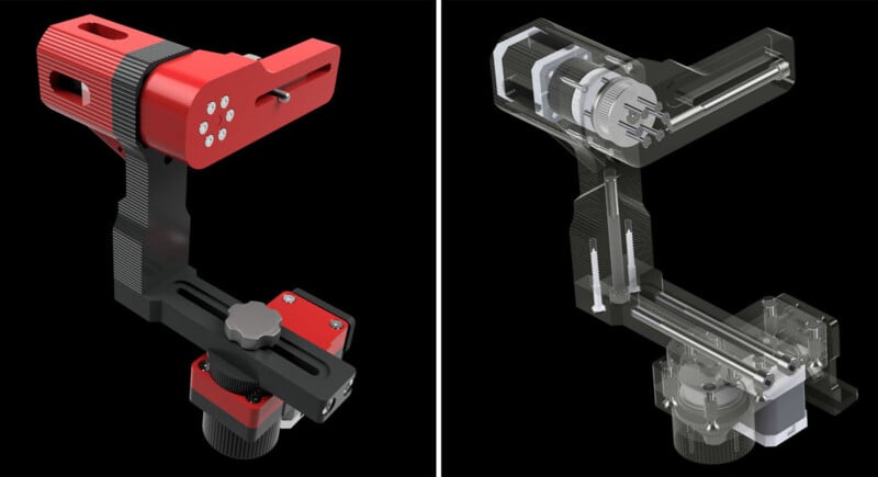 Two side-by-side images of a mechanical device. The left shows a solid red and black assembly with knobs and slots. The right presents a transparent view revealing internal gears and mechanisms, offering insight into its construction. Both are on a black background.