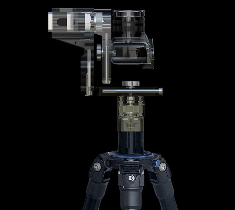 A transparent, distorted image of a camera mounted on a tripod set against a black background, showcasing the camera's internal components.