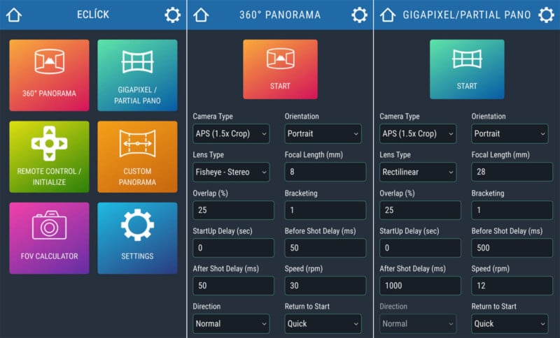 A user interface display with three sections for photography: 360° Panorama, Gigapixel/Partial Pano, and settings for remote control, custom panorama, and FOV calculator. Each section contains various controls and options for camera settings and operation.