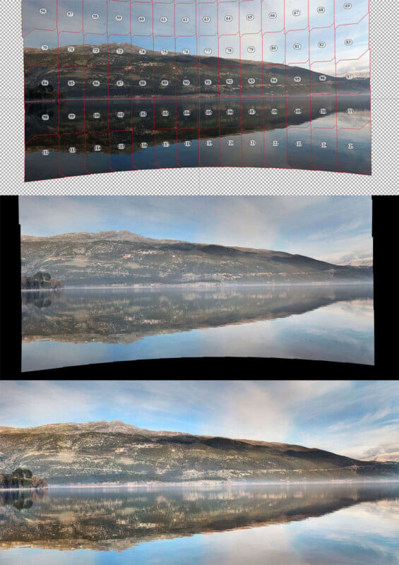 A panoramic landscape image showing a calm lake with a reflection of a mountain range and a clear blue sky above. The image appears in three versions with different editing grids and marks overlaid on the top two.