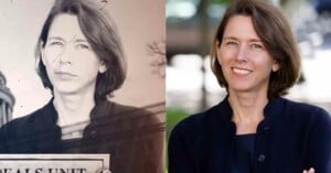 A woman with shoulder-length brown hair is depicted in two side-by-side photos. The left is a sepia-toned photo with the woman holding a sign. The right is a color photo showing her smiling outdoors in a dark jacket.