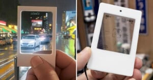 Left image: A hand holds a small, square empty frame showing a rainy city street with cars. Right image: A hand holds a digital device displaying a grayscale camera viewfinder interface with settings.