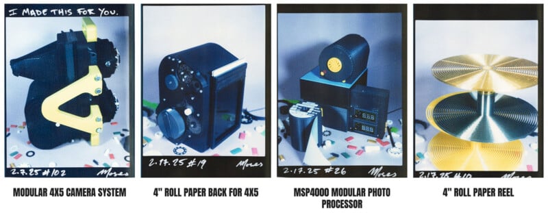 Four retro-style photographs of camera equipment with handwritten captions: "Modular 4x5 Camera System," "4'' Roll Paper Back for 4x5," "MSP4000 Modular Photo Processor," and "4'' Roll Paper Reel." Each image has colorful confetti scattered around.