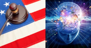 Split image: Left side shows a gavel on a U.S. flag, symbolizing law or justice. Right side depicts a digital rendering of a human head with colorful particles and connections, symbolizing technology or artificial intelligence.