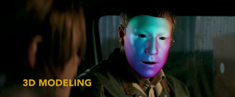 A person wearing a colorful, illuminated mask is sitting inside a vehicle. The mask displays various shades of blue, pink, and green. To the left, text reads "3D MODELING" in yellow. The scene is dimly lit.