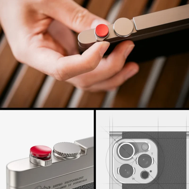 A hand holding a rectangular, retro-style camera with a prominent red shutter button on top. below are two images: one shows a close-up of the camera's buttons, and the other is a technical diagram of the camera's layout.