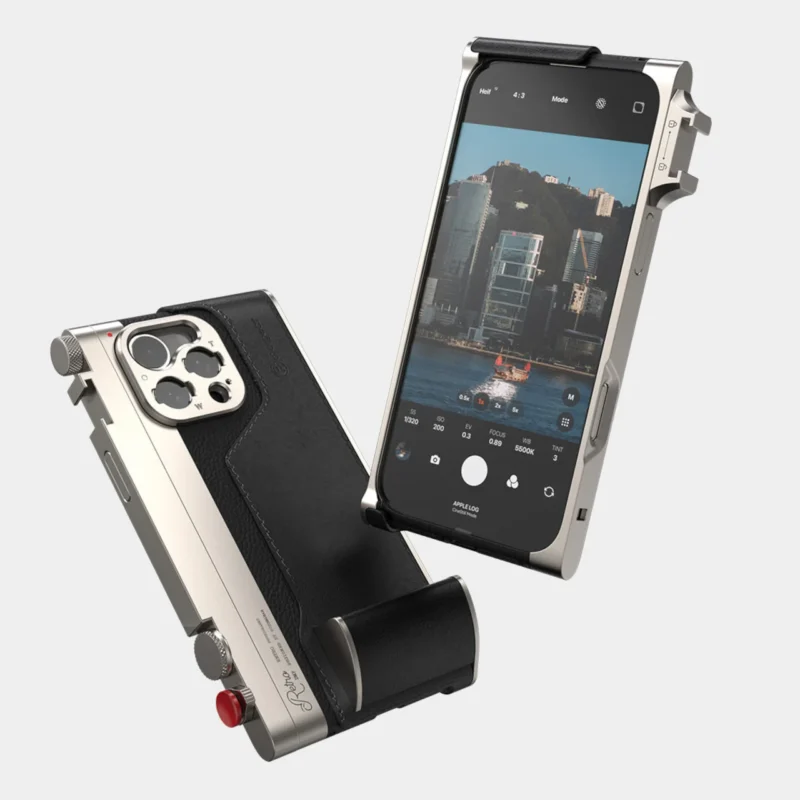 Two iPhones in metallic and leather camera-style cases. one shows the back with camera lenses exposed, and the other shows the front with a photo app open, displaying an image of a waterfront cityscape.