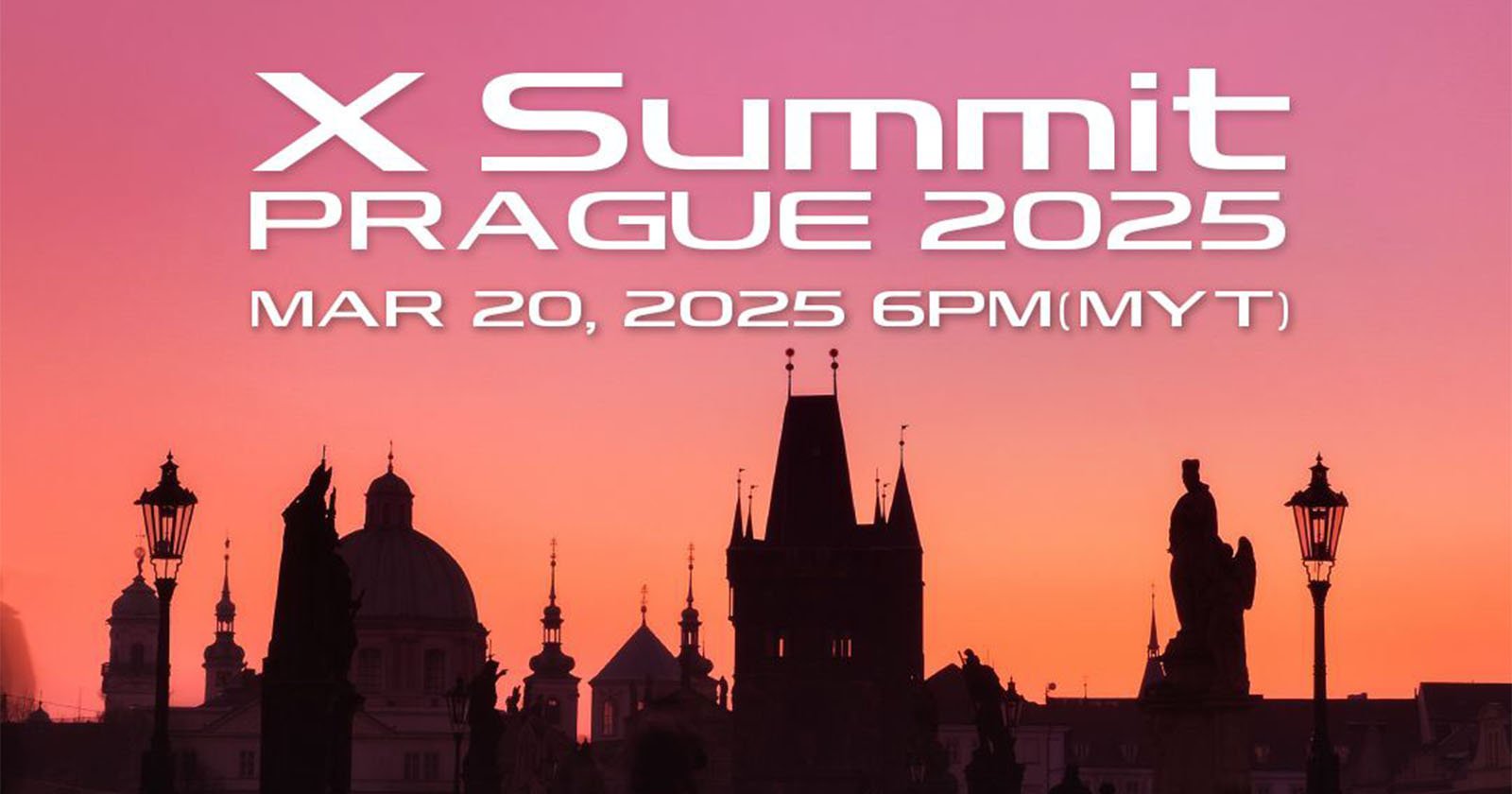 Silhouetted skyline of Prague with a vivid sunset background. Overlay text reads: "X Summit Prague 2025, Mar 20, 2025, 6PM (MYT).