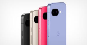 Four smartphones in different colors—black, cream, red, and blue—are arranged in a row, showcasing their sleek backs and minimalistic designs. The phones feature a single camera and a flash in the top left corner.