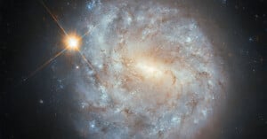 A spiraling galaxy with bright, densely packed stars at its core and long swirling arms dotted with blue and white stars. A prominent, bright star with diffraction spikes is visible on the left, contrasting with the galaxy's glow.