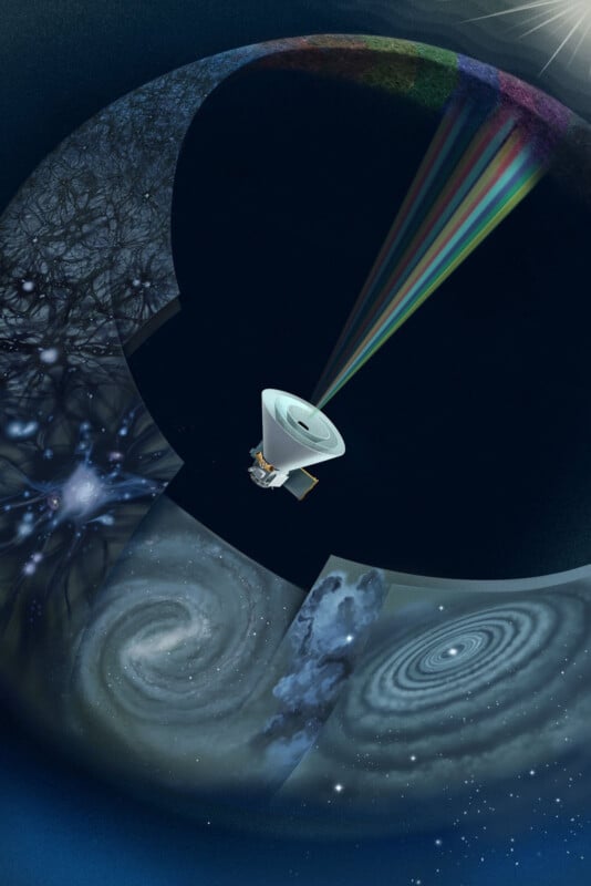 A space-themed illustration features a spacecraft observing a prismatic light beam. Surrounding it are cosmic elements: a neural network, a spiral galaxy, and celestial patterns. The background is dark with a planet's edge and a bright light source above.