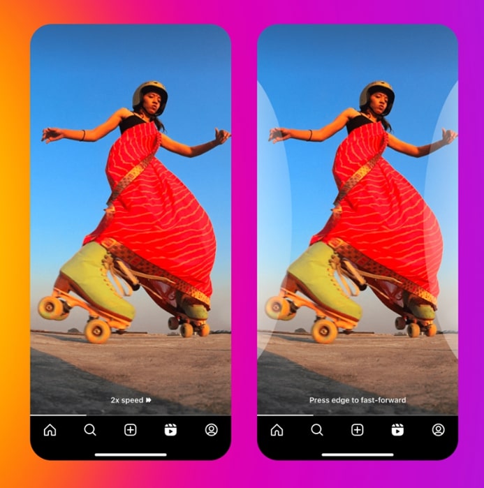 A person wearing a bright red sari and a helmet roller skates on a smooth surface. The image is split into two panels, showing movement. The background is a clear blue sky and the edges have a pink and orange gradient.