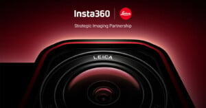 Close-up of a camera lens with "LEICA" branding, framed by a smooth, dark gradient background. Above, text reads "Insta360" and "Strategic Imaging Partnership" alongside a small red Leica logo.