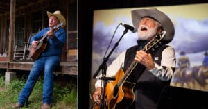 Left: A person in a cowboy hat and denim outfit plays a guitar while leaning against a rustic wooden porch. Right: A person wearing a cowboy hat performs with a guitar and sings into a microphone on stage with a western-themed background.