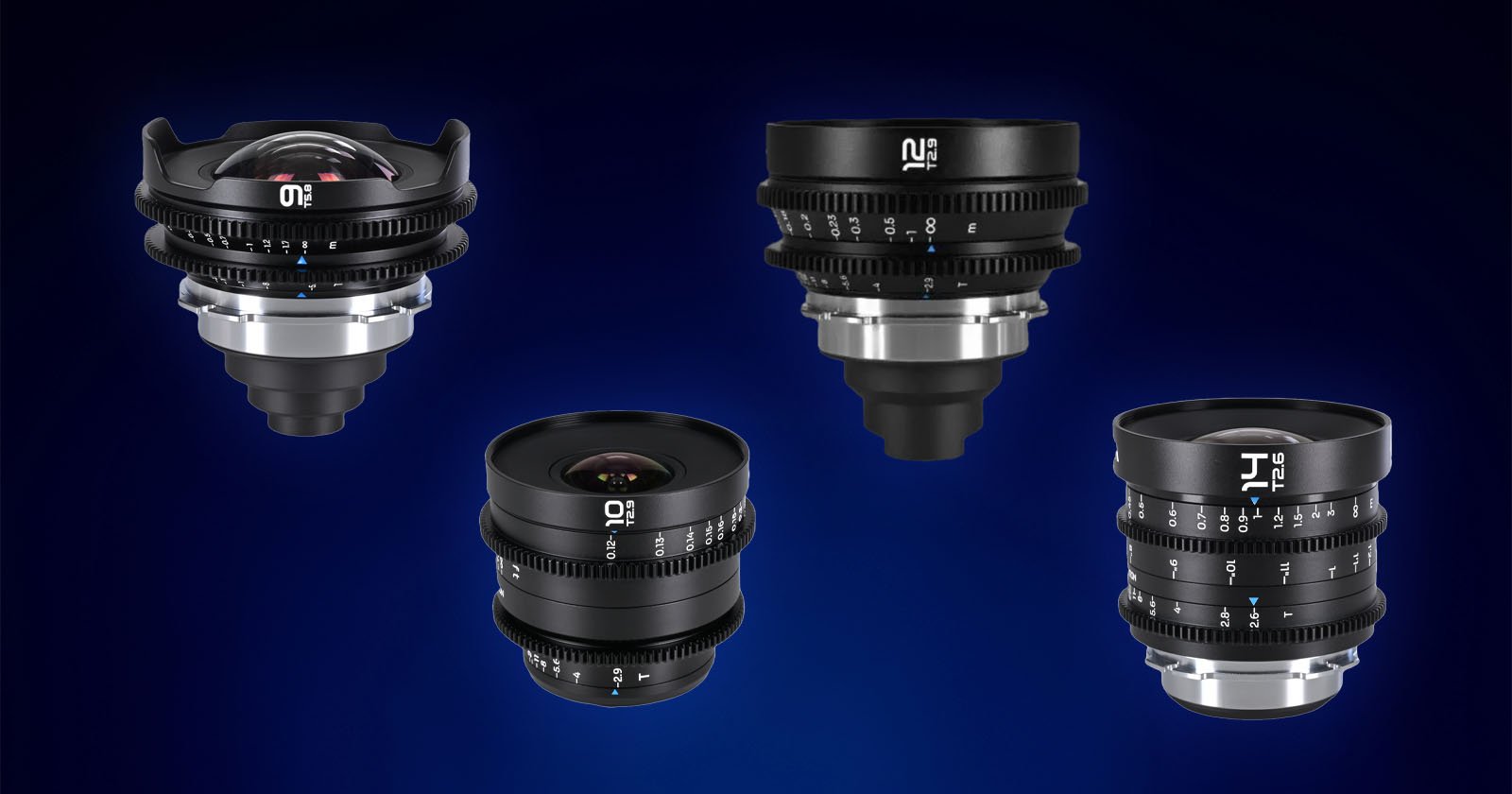 Four camera lenses are displayed against a dark blue background. Each lens varies in size and shape, featuring different focal length markings and aperture rings. The lenses are evenly spaced and oriented upright.