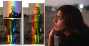 Split image: Left side shows three vintage photos of a woman in a suit with a rainbow filter across them. Right side features a modern portrait of a contemplative person gazing to the right, with a blurred background.