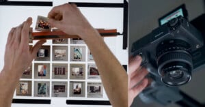 A person digitizes old photo slides. On the left, hands hold a slide over a backlit surface showing multiple slides. On the right, a camera is mounted above, aligned to capture the images.