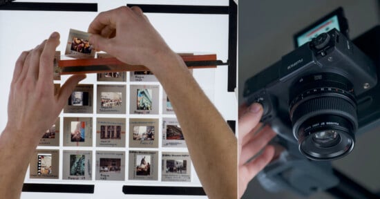 A person digitizes old photo slides. On the left, hands hold a slide over a backlit surface showing multiple slides. On the right, a camera is mounted above, aligned to capture the images.