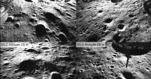 Monochrome image showing the lunar surface with craters. Two labeled sections indicate altitude: "SFL2 Altitude 28 m" and "SFL3 Altitude 28 m." A spacecraft leg is visible in the bottom right corner.