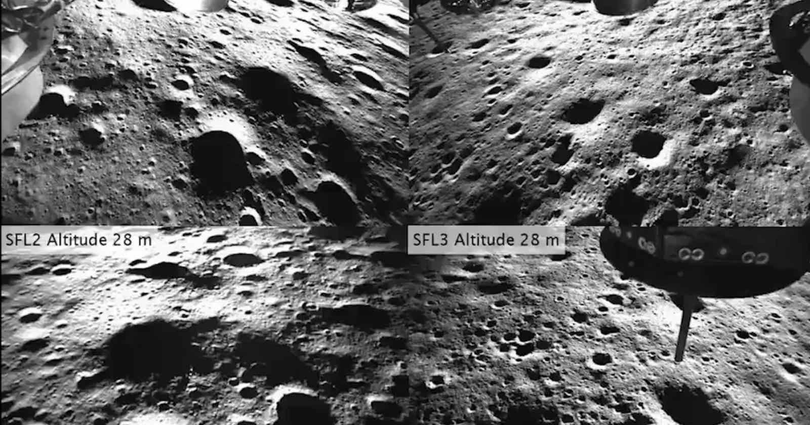 Monochrome image showing the lunar surface with craters. Two labeled sections indicate altitude: "SFL2 Altitude 28 m" and "SFL3 Altitude 28 m." A spacecraft leg is visible in the bottom right corner.