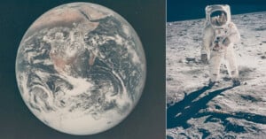 Split image: Left side shows Earth from space with visible land and cloud formations. Right side depicts an astronaut in a white spacesuit standing on the Moon's rocky surface, with the spacesuit's helmet reflecting light.