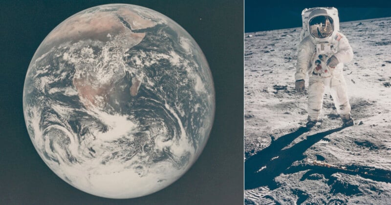 Split image: Left side shows Earth from space with visible land and cloud formations. Right side depicts an astronaut in a white spacesuit standing on the Moon 's rocky surface, with the spacesuit's helmet reflecting light.