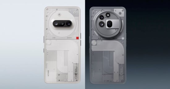 Two smartphones with transparent backs displaying internal components. The device on the left has a rectangular camera module, while the one on the right features a circular module. Both have a minimalist, technical design.