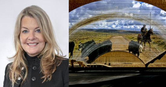 Split image: Left side shows a woman with long blonde hair in a black turtleneck smiling. Right side depicts a view through a car windshield, displaying a rural landscape with a person on horseback herding cattle on a dirt road under a cloudy sky.