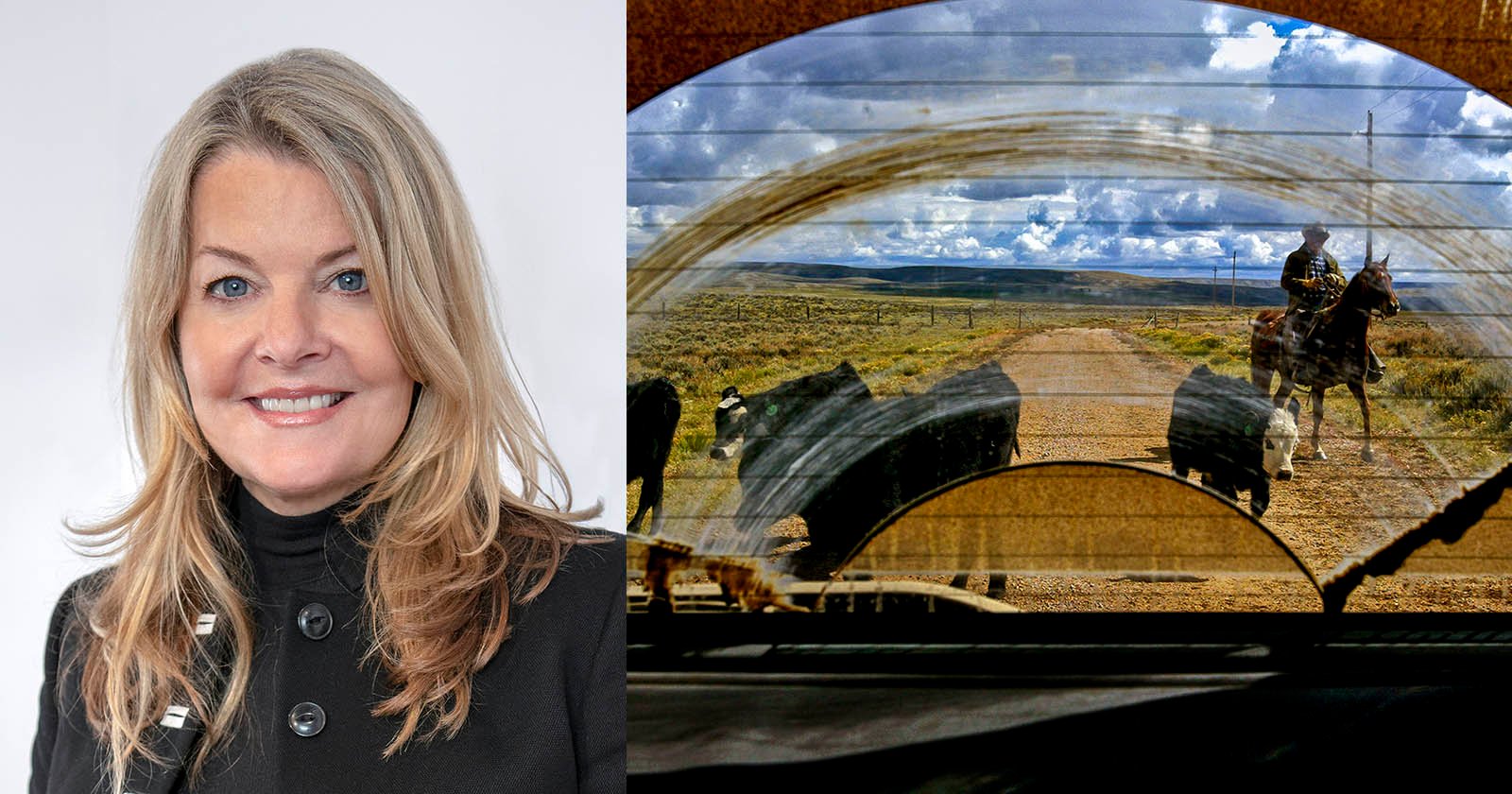 Split image: Left side shows a woman with long blonde hair in a black turtleneck smiling. Right side depicts a view through a car windshield, displaying a rural landscape with a person on horseback herding cattle on a dirt road under a cloudy sky.