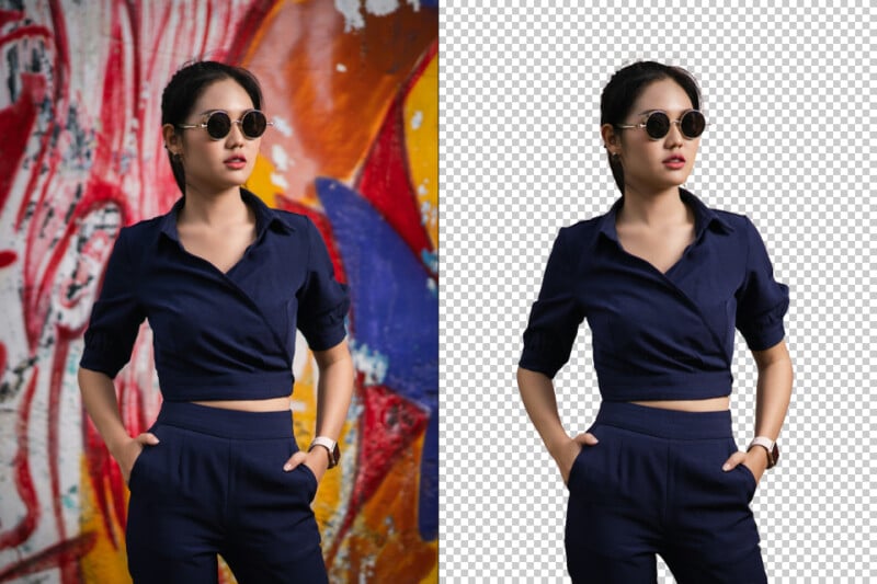 Woman in dark blue outfit with sunglasses poses confidently outdoors against a vibrant graffiti wall on the left and a transparent background on the right, showcasing before-and-after effects of background removal.