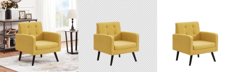 Three yellow armchairs shown. Left: in a living room with a rug, table, and decor. Middle: armchair on a transparent background. Right: armchair isolated on white. Each chair has a tufted backrest and angled legs.