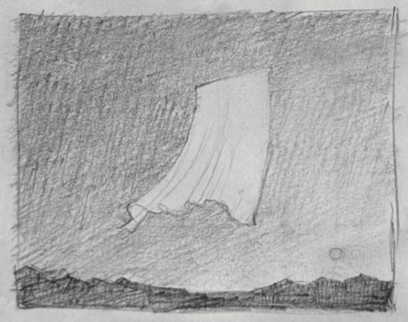 A grayscale pencil sketch depicts a flowing white curtain caught in a gentle breeze against a dark, textured background. The curtain appears to hover above a silhouetted, uneven horizon.