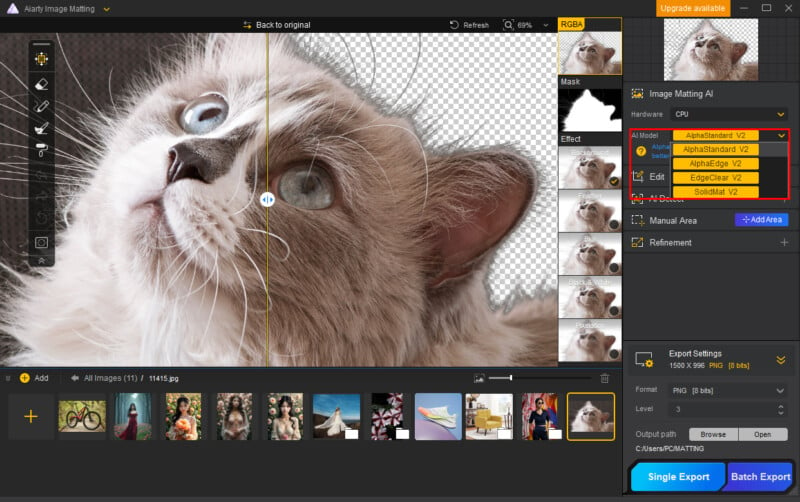 A computer screen displaying image editing software with a large photo of a fluffy cat being edited. Various editing options, including masks and effects, are visible on the right side.