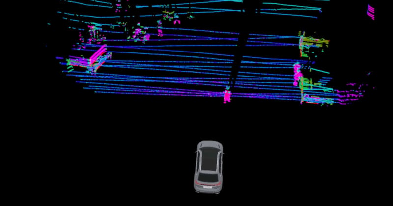 A visualization of LIDAR data shows a grayscale car at the bottom with colorful point clouds above depicting pedestrians and the environment. Blue, pink, and green lines represent the surrounding structures and people.