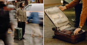 Left: A person stands on a city street holding a green suitcase, blurred pedestrians passing by. Right: A brown suitcase open on the floor, with items neatly packed inside. The scene conveys travel or commuting in a busy urban environment.