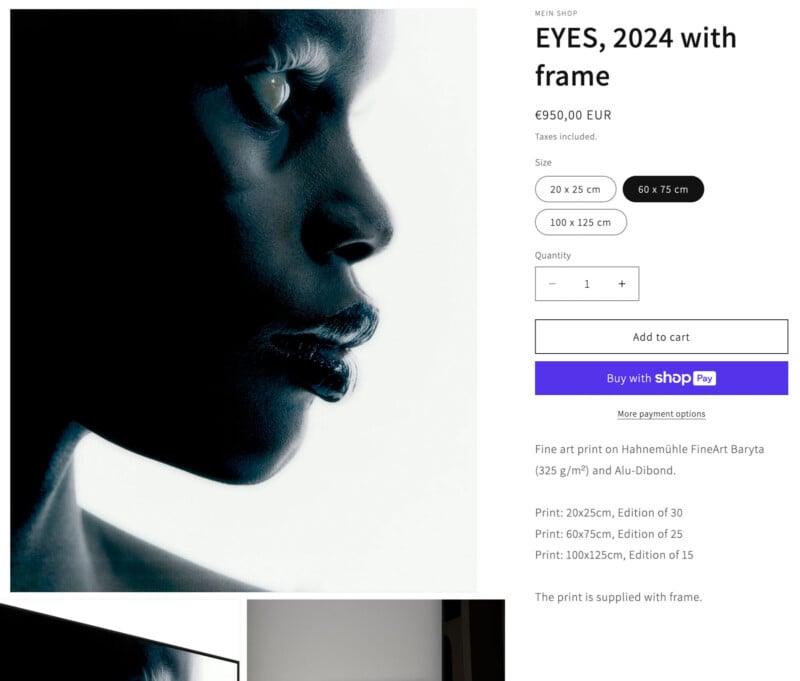 Art print product page featuring a monochromatic close-up side profile of a person's face. The page shows various print size options and purchasing details. The art is titled "EYES, 2024 with frame" priced at €950.